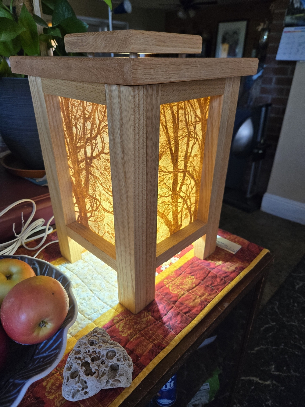 Hand-Made Oak-Frame Lantern w/ Tree Silhouette Panels Natural Brown Very Pretty